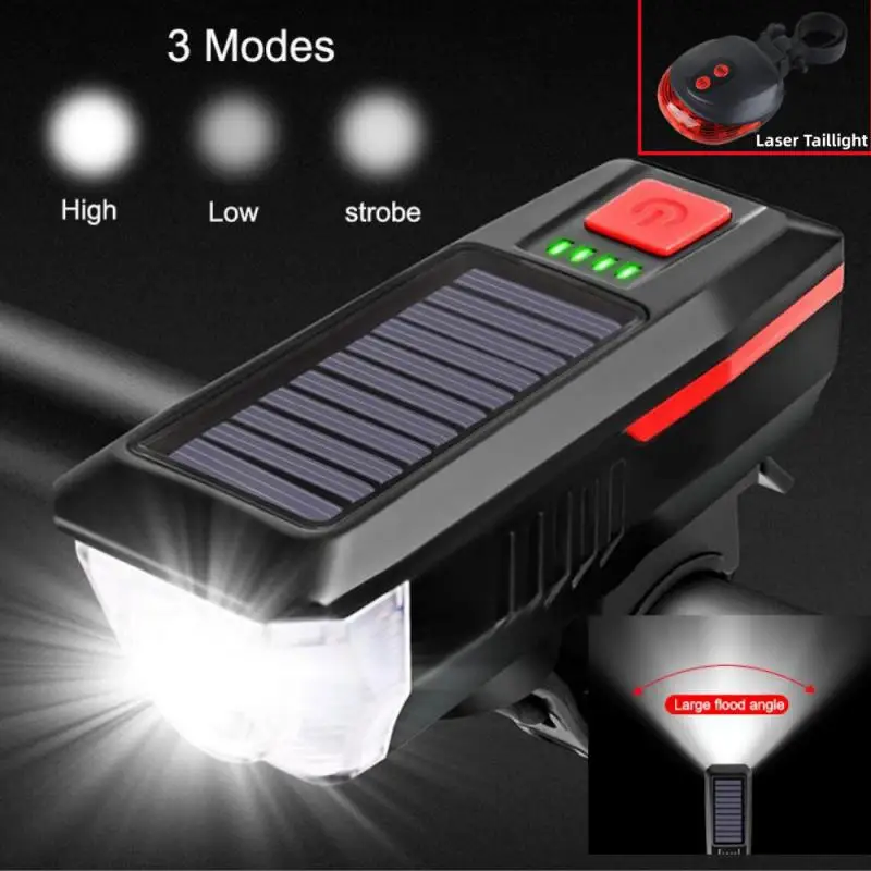 

3 Modes Solar Bicycle Front Light With Horn With Laser Taillight USB Rechargeable Led Mountain Bicycle Lamp Bell Headlight Bike