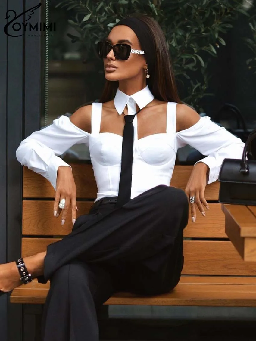 Oymimi Fashion White Lapel Women Shirts Elegant Long Sleeve Off The Shoulder Blouses Casual Slip Button Shirts Female Clothing