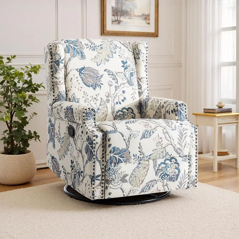 

Upholstered High-Back Swivel Glider Rocking Chair with Deep Seat for Living Room or Bedroom, Blue Plant Print