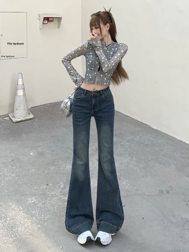 

Retro American High Waist Bell Bottom Denim Women's Pants Loose Not Sticky Leg Slimming Elastic Long Trousers Casual Wear