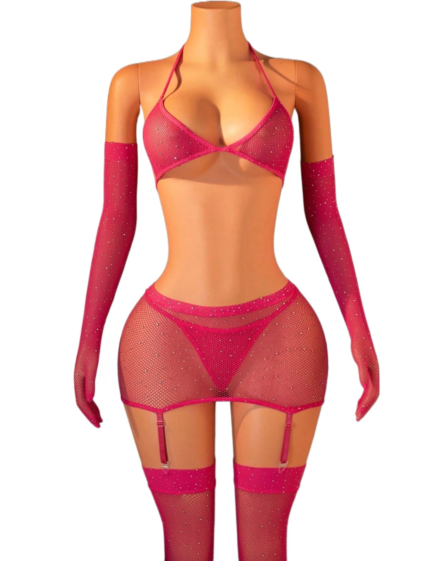FHSEER 5pcs Women's Rhinestone Sexy Lingerie Halter Neck Bra,Long Gloves,Mini Skirt,Garter Stockings & Thong Club Party Outfit