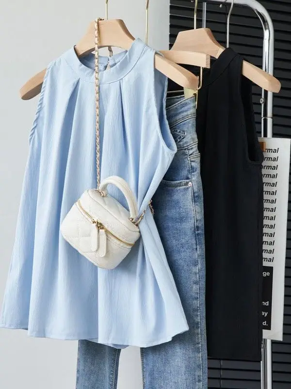 Été nouveau Design coréen Sle Svel Ne suspendu ample couleur Pure gilet femmes Faionable haut rond Ne ort Sve