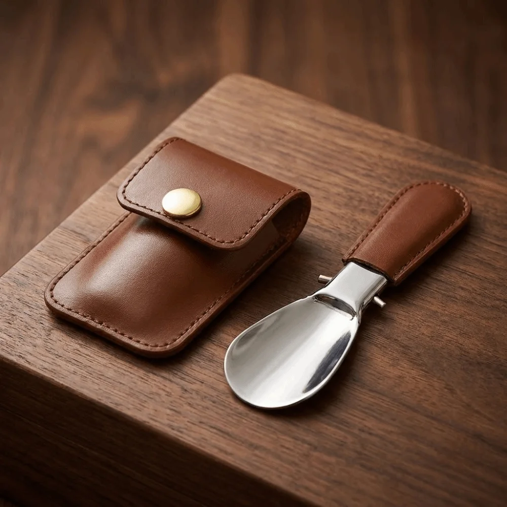 Leather Bag Elderly Person Folding Shoehorn PU Handle Mini Stainless Steel Shoe Horn Wearing Aid Solid Color