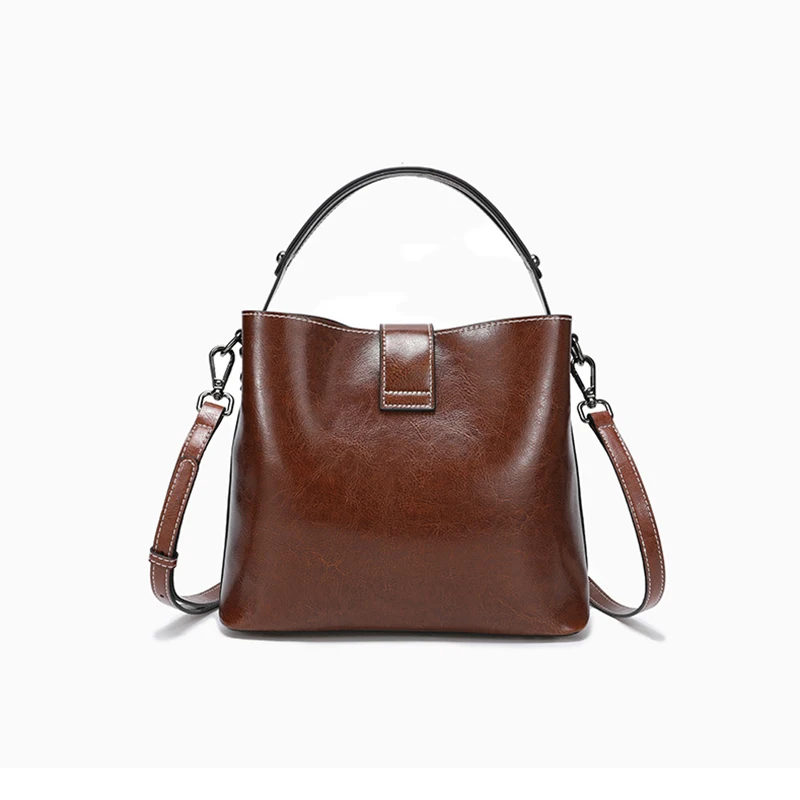 Women Retro Oil Wax Genuine Leather Bucket Handbag Classic Top Handle Bag Detachable Shoulder Strap Elegant Crossbody Purse