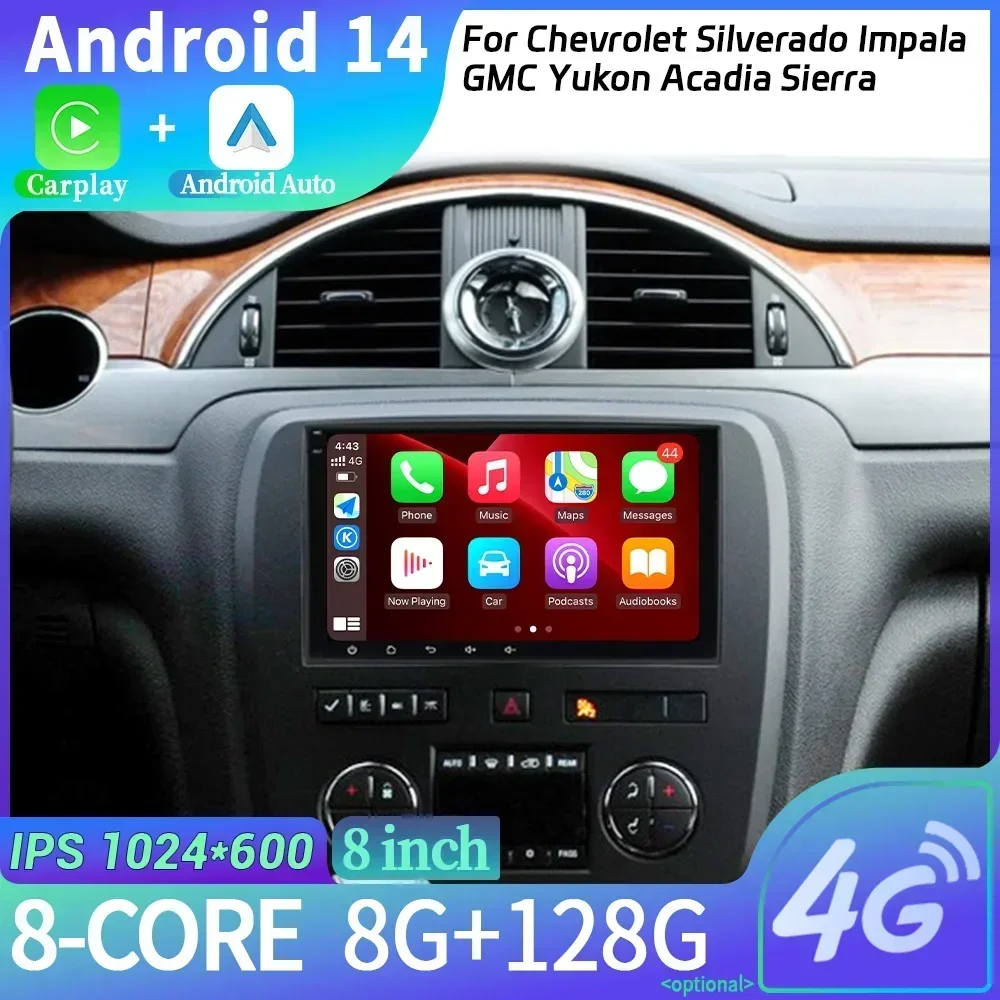 Car Radio 2 Din Screen WIFI GPS Android 13 For Chevrolet Silverado Impala GMC Yukon Acadia Sierra Wireless Carplay 4G Multimedia