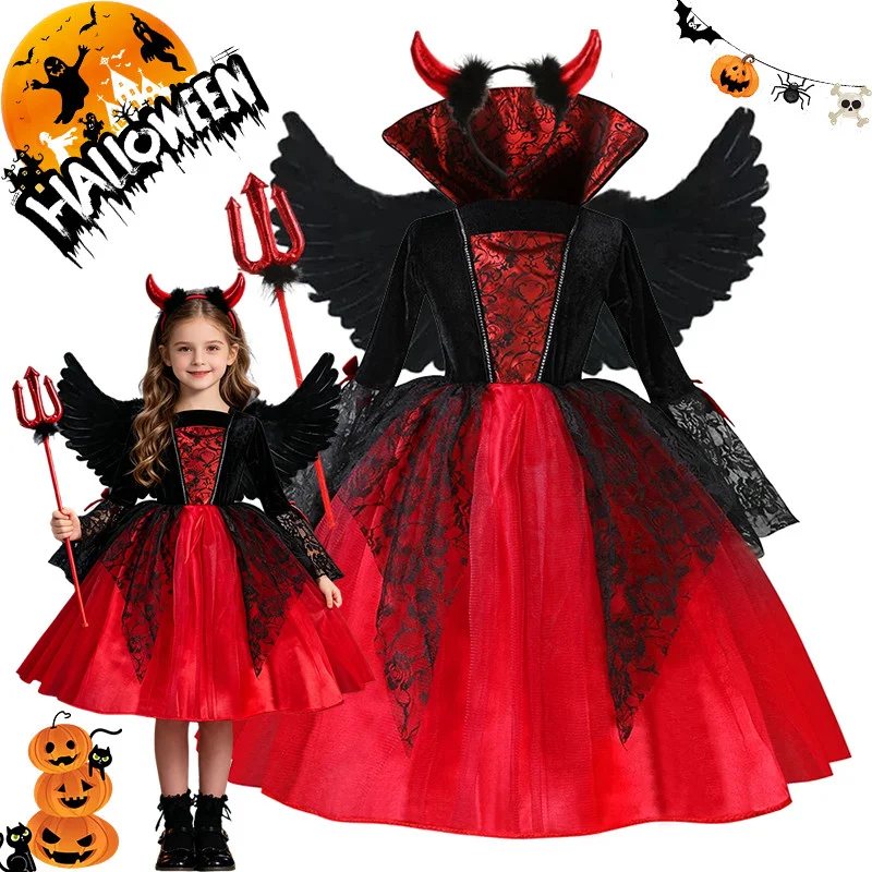 Kids Girls Devil Fancy Costume Long Lace Dress Feather Wings Horn Headband Trident Wand for Halloween Cosplay Stage Performance