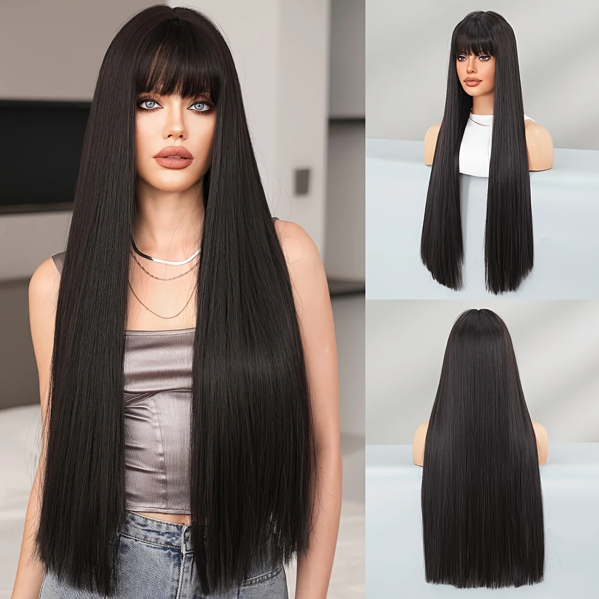 straight black wig made of high-density heat-resistant synthetic material, suitable for women's daily parties , 28.34 inches