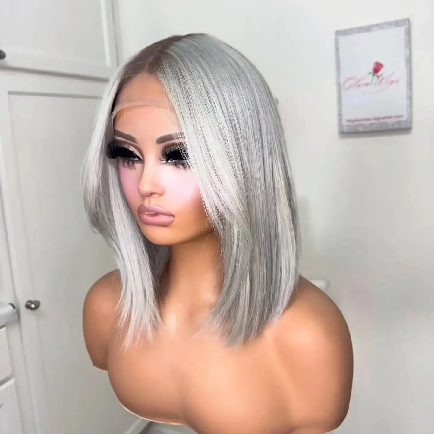 180 Density Ombre Silver Grey Straight Short Bob Wigs With Dark Roots 13x4 HD Lace Frontal Wigs for Women PrePlucked Daily Wear