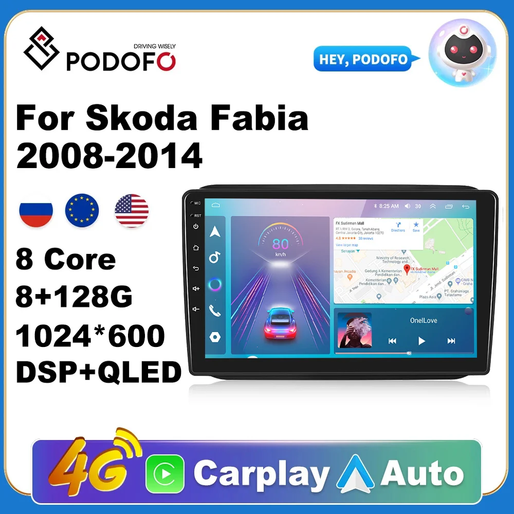 Podofo Autoradio 2Din Android Radio Carplay For Skoda Fabia 2008-2014 AI Voice 4G GPS Car Multimedia Video Player Stereo 2din