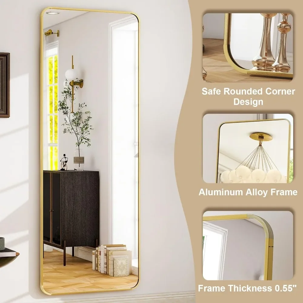 21" X64“ Rounded Full Length Mirror Aluminum Frame Gold Mirror Full Length Floor Mirror W/ Stand for Living Room Bedroom USA