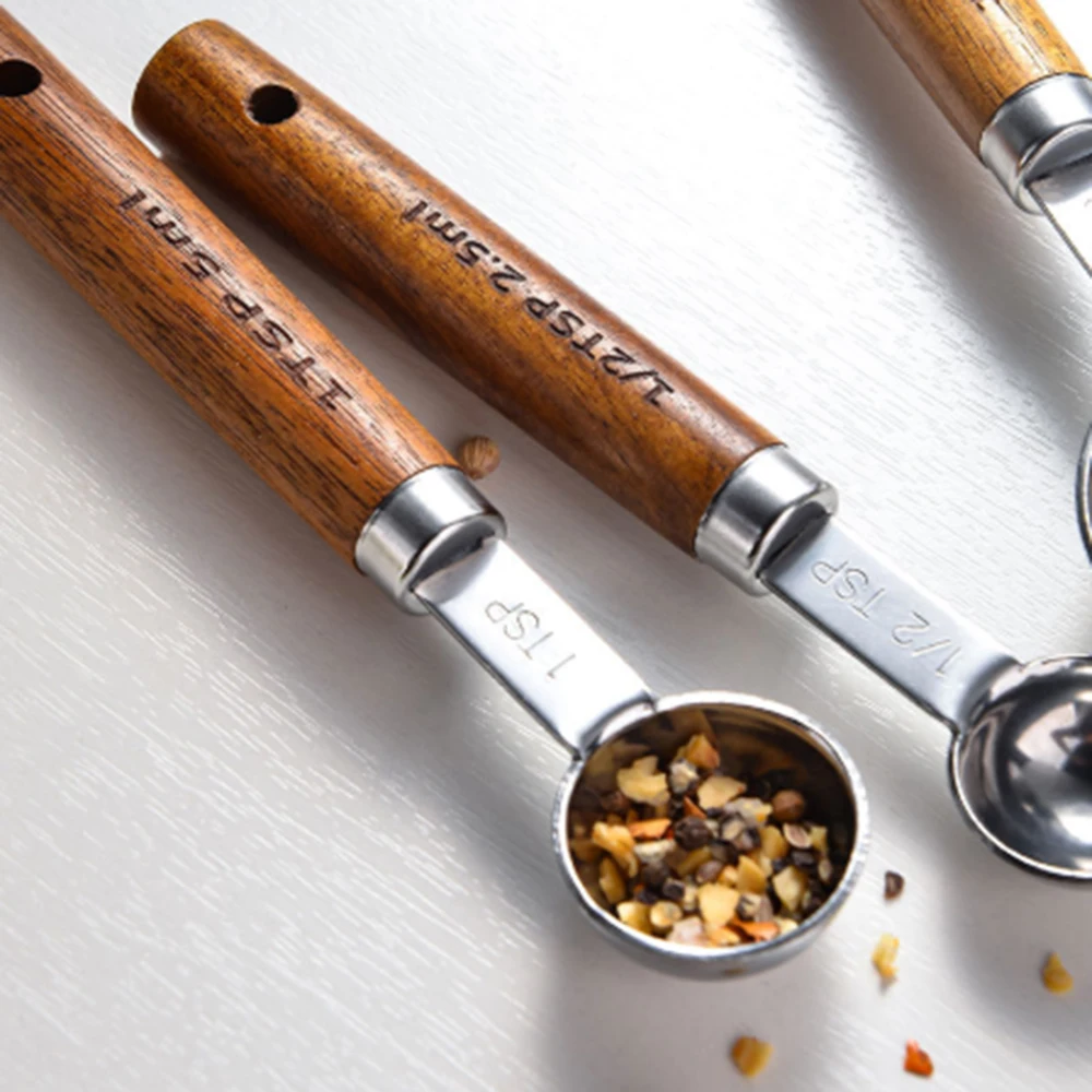 Picture 7: 4Pcs/Set Silver Wooden Handle Stainless Steel Measuring Spoons Baking Tools Coffee Bartending Scale Kitchen Accessories Set
