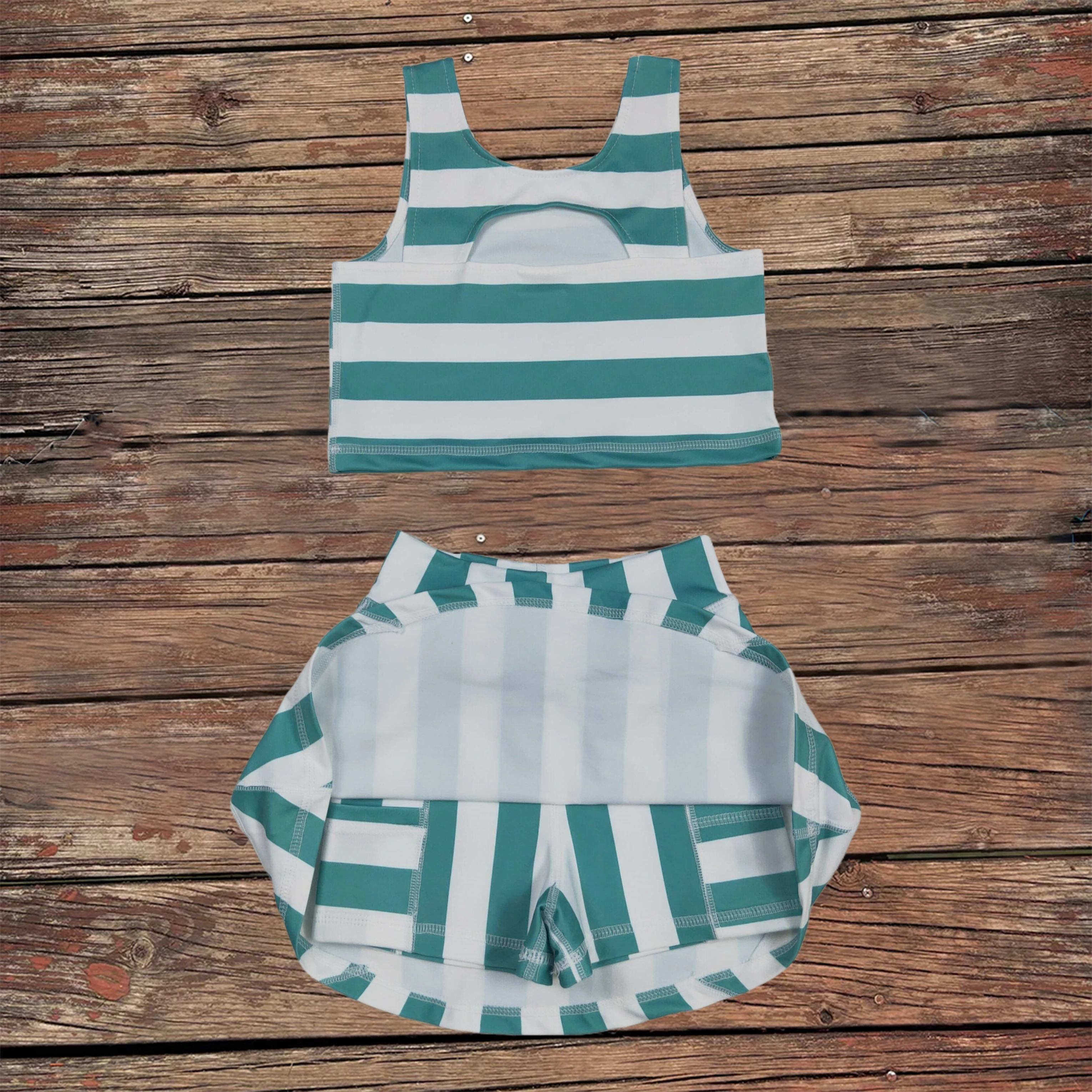 

Wholesale Baby Girls Green Stripes Vest Top Active Wear Clothes Summer Tennis Sport Skorts Sets Toddler Kids Children Outfits