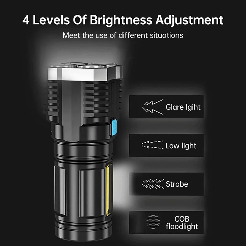 LED 4-core Super Bright Flashlight USB Rechargeable Outdoor Portable Camping Long-range Spotlight Battery Display COB Flashlight