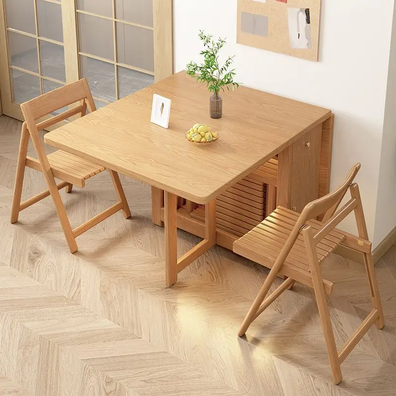 Multifunctional folding dining table cabinet integrated small apartment space saving movable with roller solid wood dining table