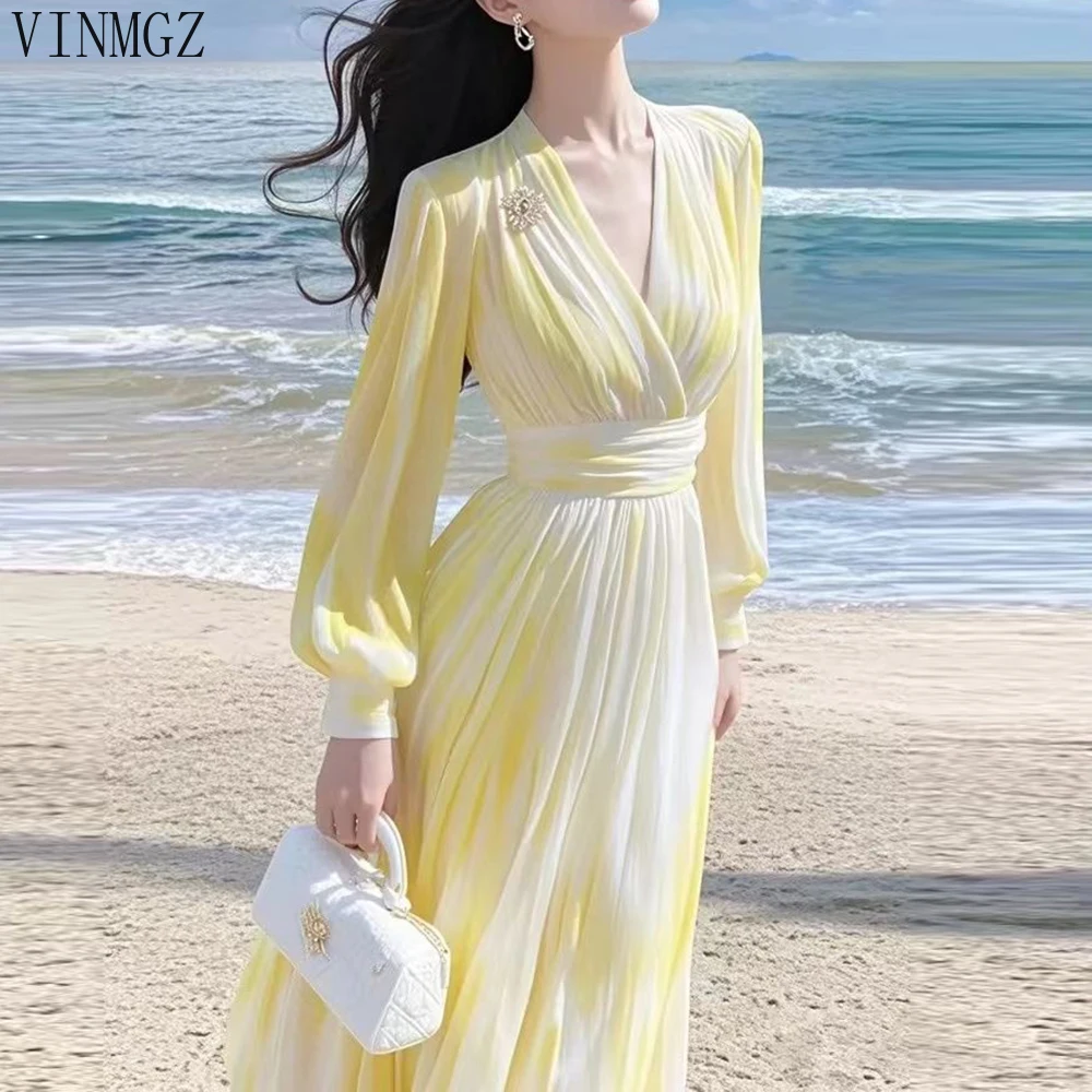 

2025 spring and summer new French high-end beautiful seaside vacation waist yellow printing and dyeing chiffon dress