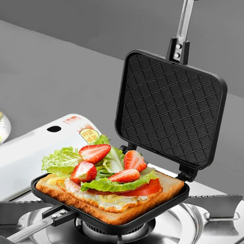 Sandwich machine, double-sided non stick Panini frying pan, with a hand stove, aluminum flip baking tray, breakfast waffles.