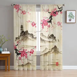 Chinese Style Ink Painting Flowers Landscape Sheer Curtains for Living Room Modern Bedroom Voile Tulle Curtain Window Drapes