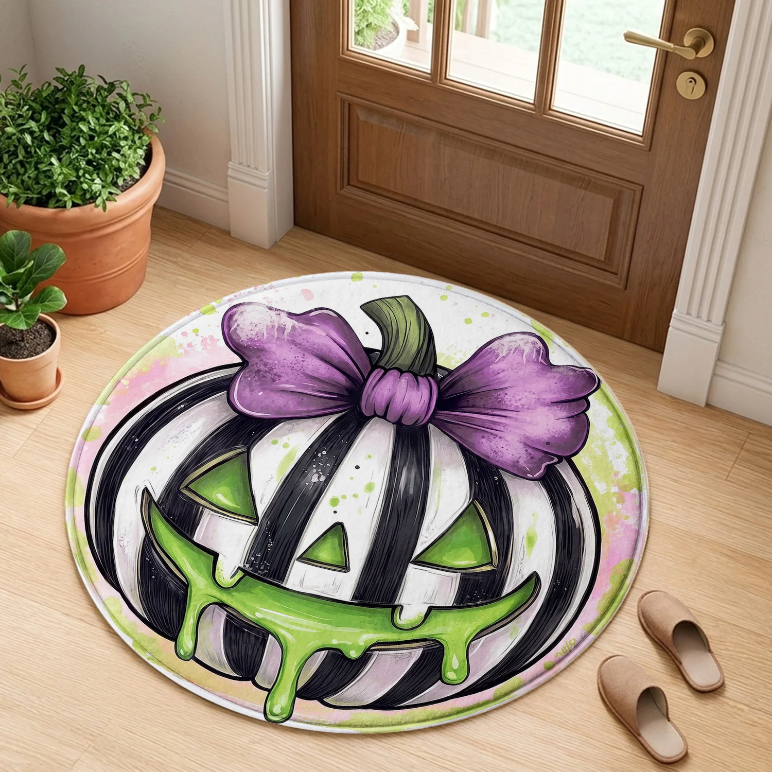 Halloween Pumpkin Purple Bow Black White Striped Slime Green Pattern Holiday Luxury Round Mat Area Rug Home Decor