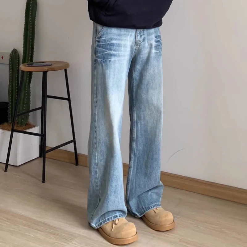 

Прямые длинные брюки с высокой посадкой в американском стиле, повседневная одежда, всесезонные ретро-голубые джинсы с завышенной талией, облегающие джинсы