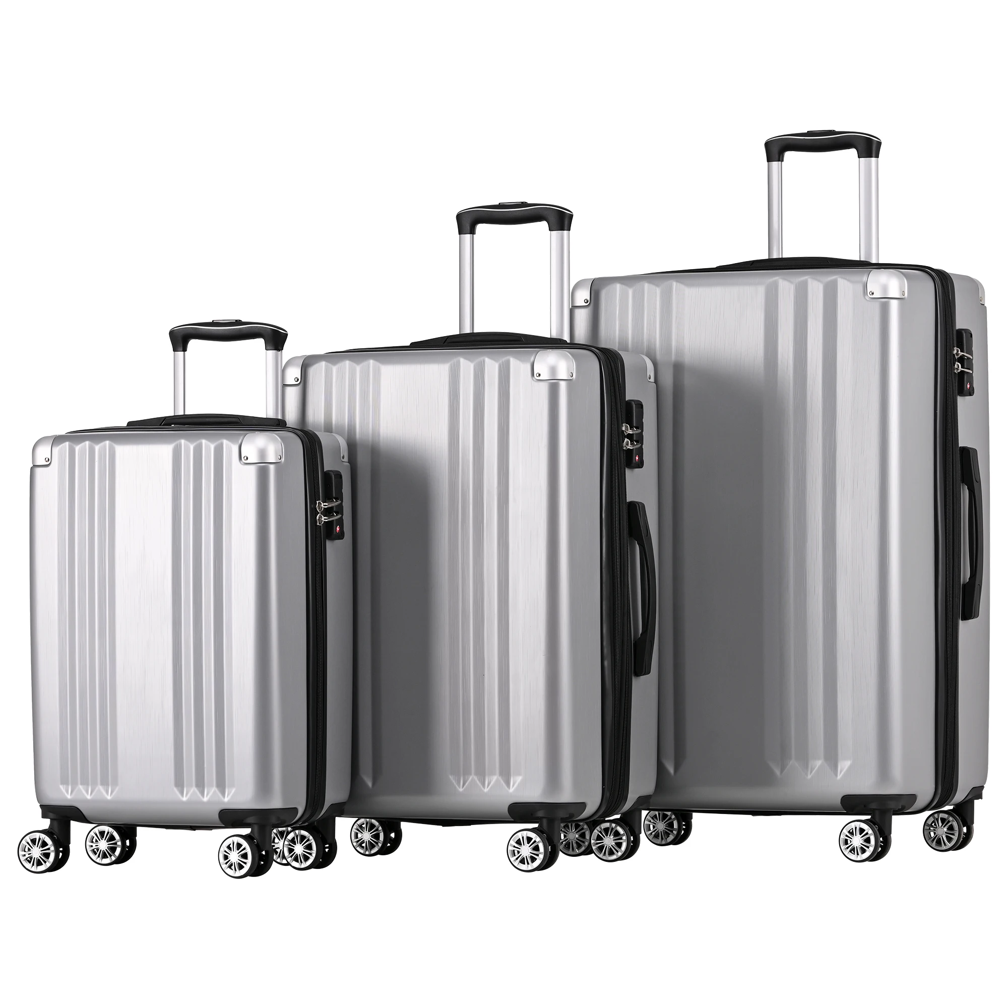 VSOGA Suitcase set hard shell case trolley case suitcase hand luggage 4 rolls ABS material TSA lock silver gray