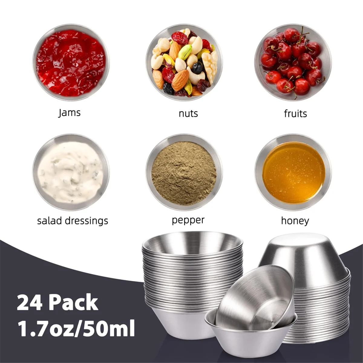 24 Pack Stainless Steel Sauce Cups,50ml Reusable Round Condiment Cups, Dipping Sauce Cup, Stackable Individual Metal Cup