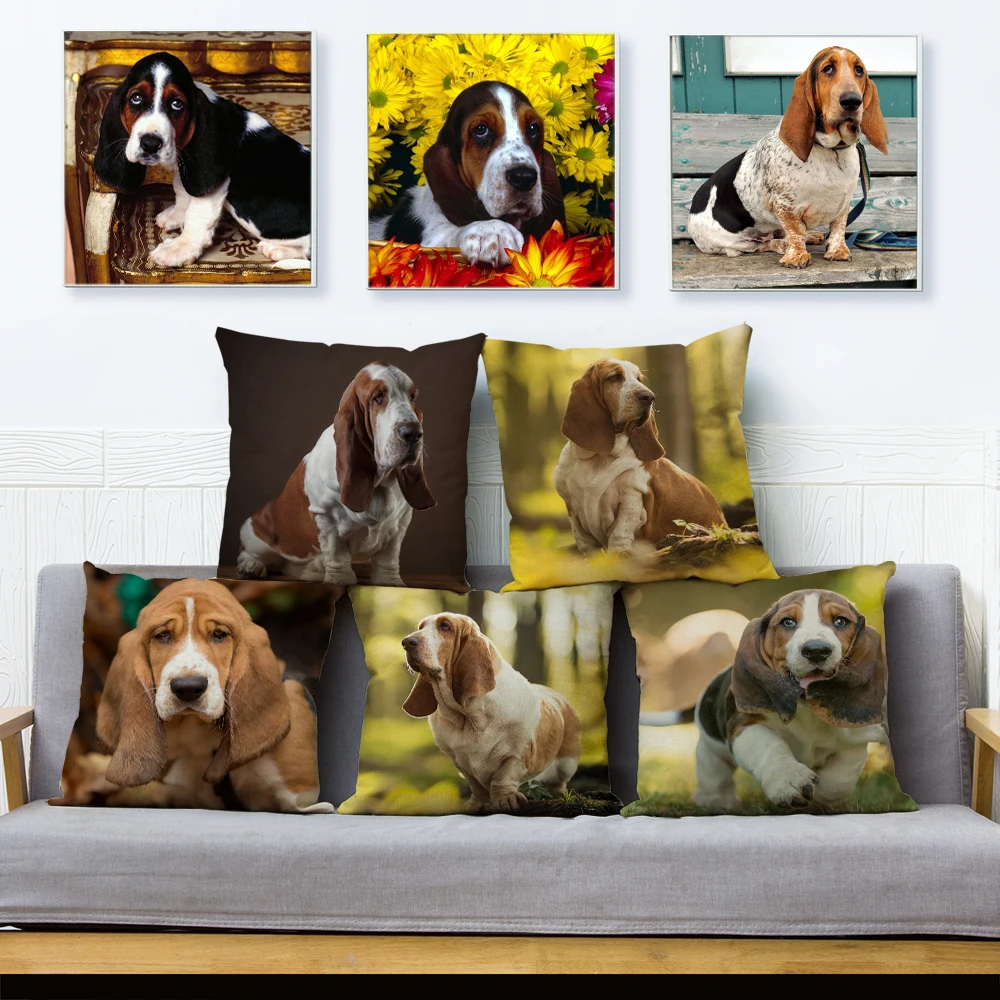 Pet Cute Basset Hound Dog Pillow Case Decor Animal Printed Cushion Cover for Sofa Home Car Throw Polyester Pillowcase