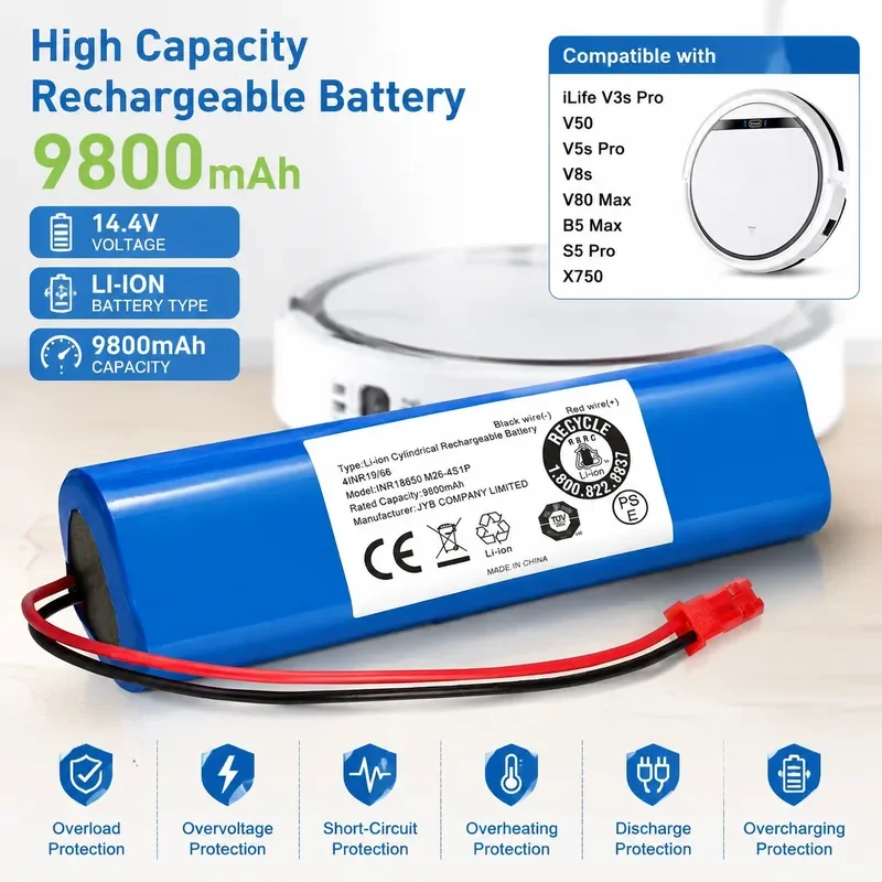 14.8V 12800mAh Lithium Battery Replacement for ILIFE V3s Pro V50 V5s Pro V8s V80 Max B5 Max S5 Pro X750 Robot Vacuum Cleaner