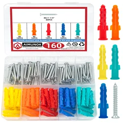 160PCS Color Drywall Anchors & CS Screws w/ Nylon, Multi-Col Trans Box, Easy Inst for Wall/DIY/Home, Var Walls (Gyps/Wood/Cem)