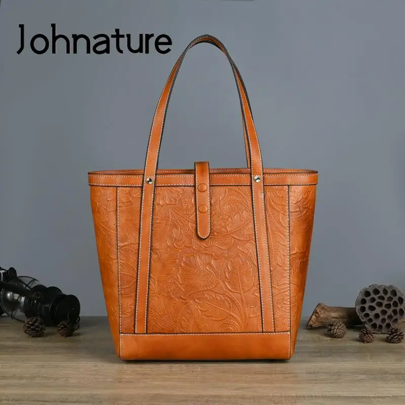 

Johnature Retro Tote Bag Genuine Leather Women Handbag Large Capacity Hand Embossing Real Cowhide Casual Shoulder Bags