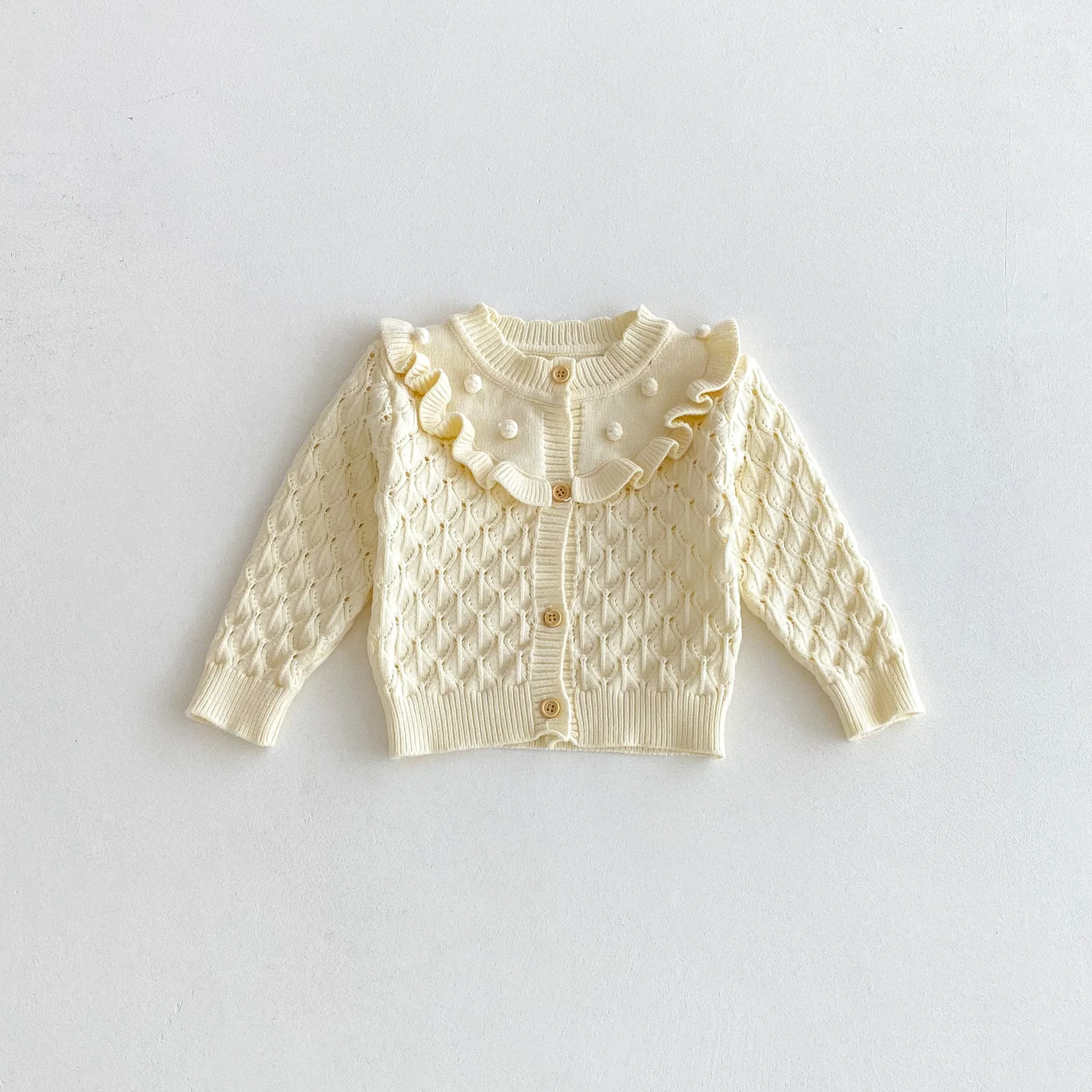 Korean Baby Knitted Sweater 2025 Autumn and Winter New Lotus Leaf Collar Girl's Hollow Out Knit Cardigan Coat