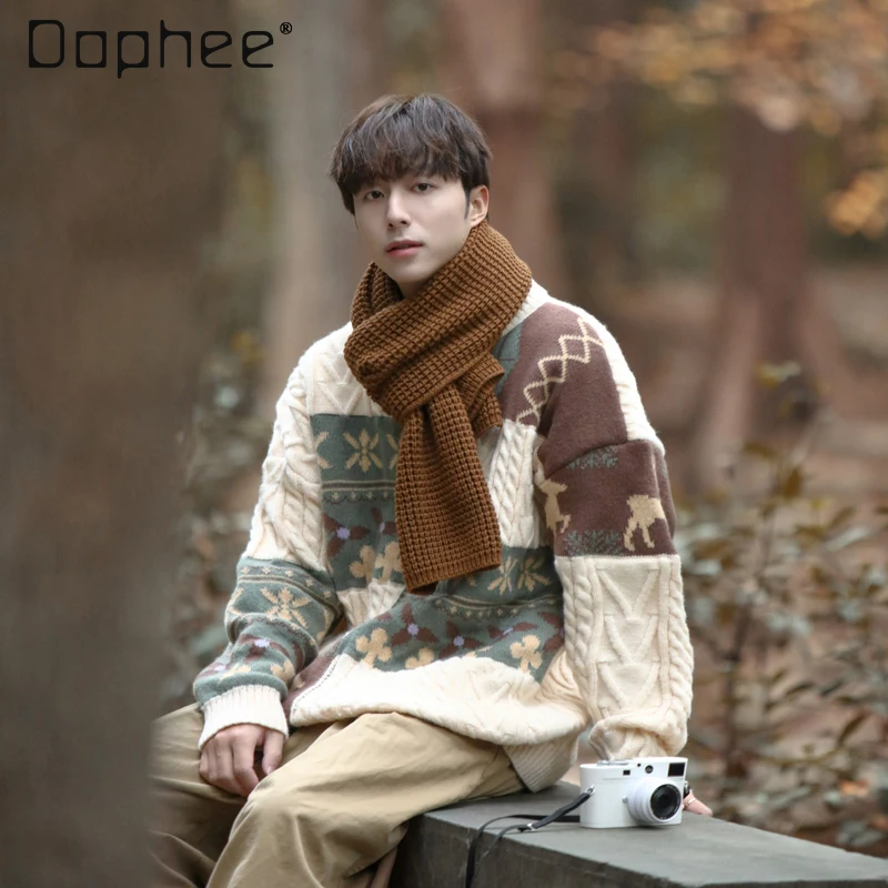 

Autumn Winter New Men's White Color Block Knitted Sweater Christmas Thickened Round Neck Loose Casual Blue Coffee Sweater