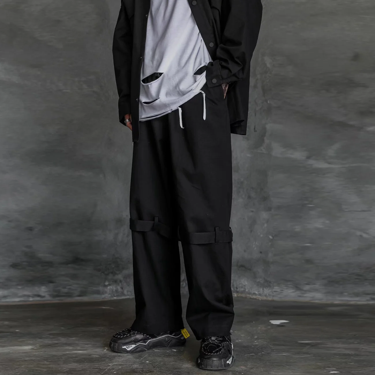 Pant Tactical Man Elastic Waist Zipper Ribbons Jogger Cargo Pants Harajuku Streetwear Hip Hop Men Trousers Black