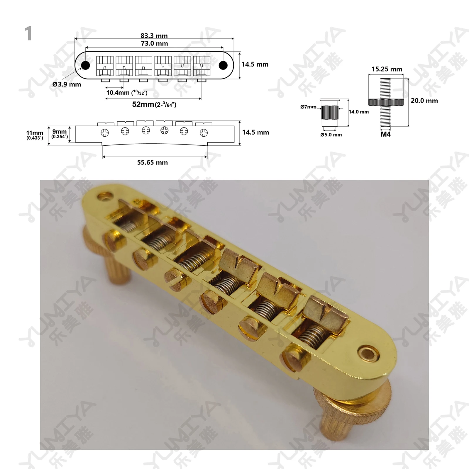 Tune-O-Matic Guitar Fixed Saddle Bridge Tailpiece 1 Set Gold for ABR-1 LP SG Electric guitars Replacement parts