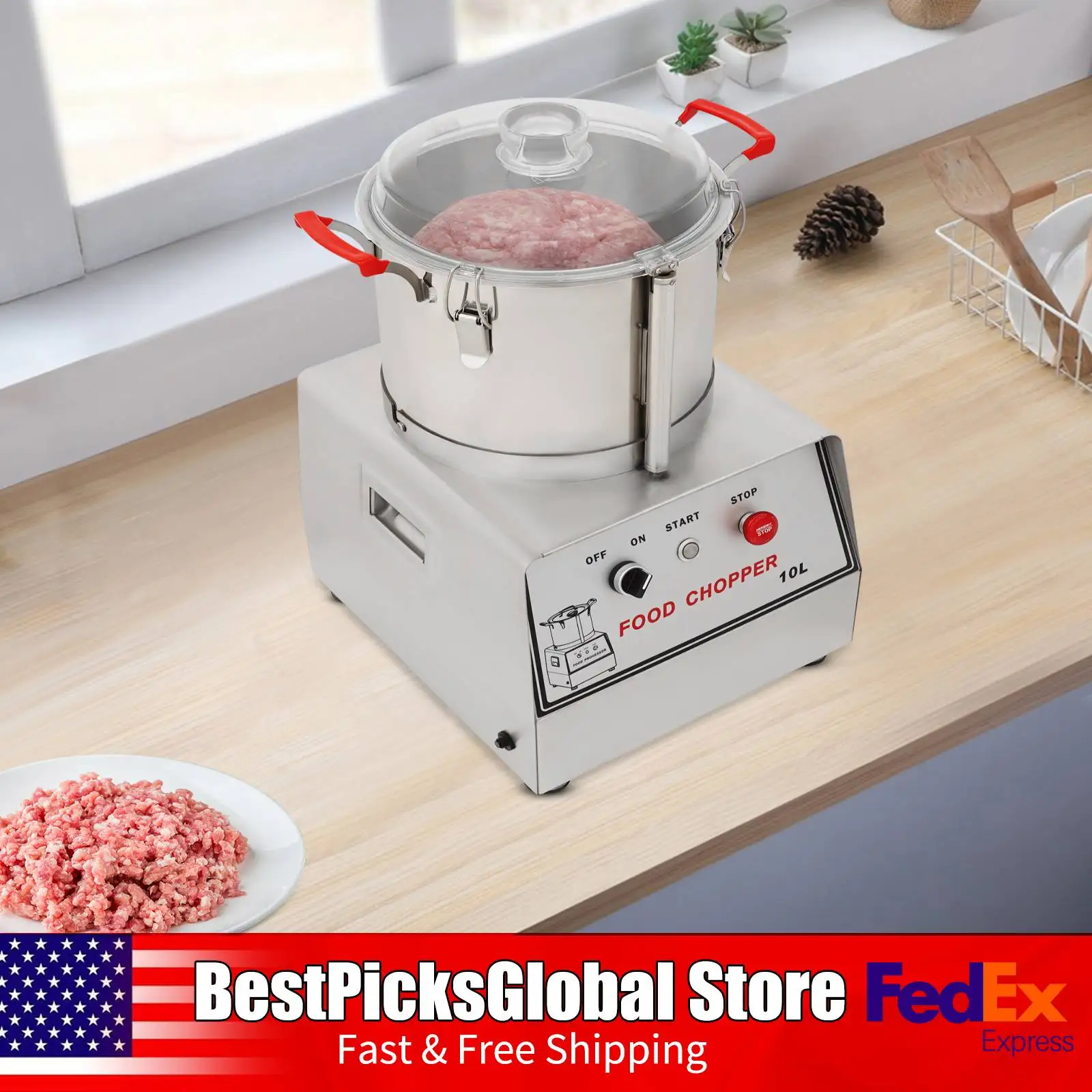 

1100W Electric Food Chopper, 1400RPM, 10L Food Processor, Bowl Cutter Mixer with Clear Lid for Meat, Vegetable, 110V