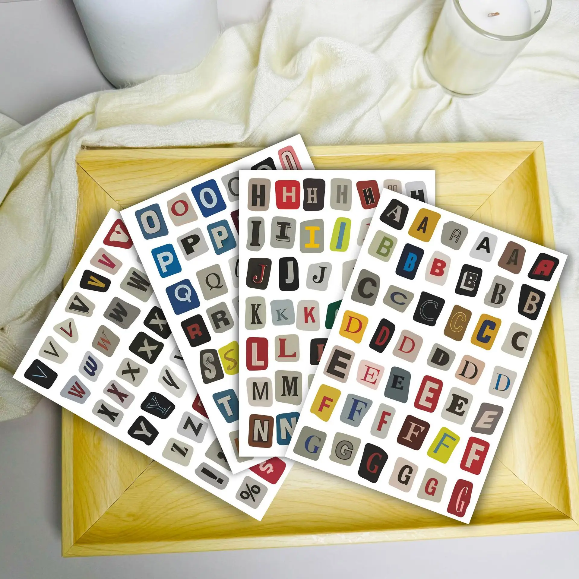 4-Sheet English Alphabet Number Symbol Sticker Pack, Vintage Scrapbook Aesthetic Journaling Supplies Kit, Letter Stickers