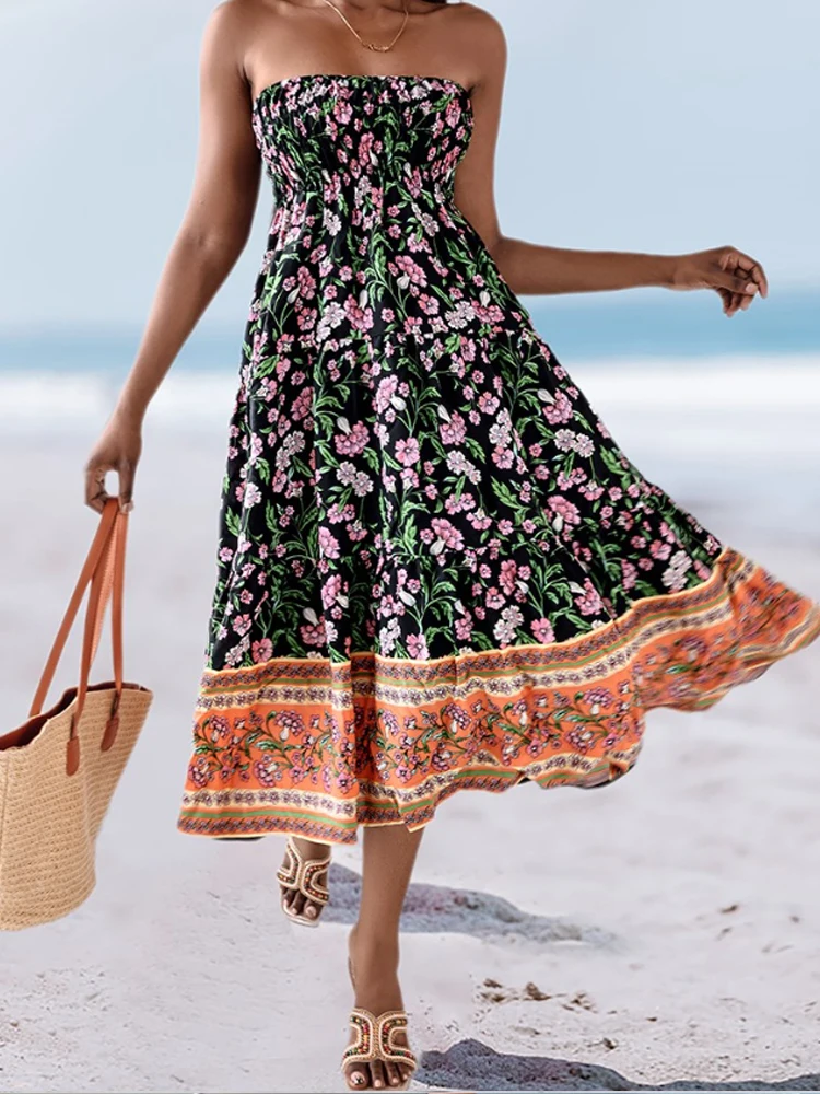 Vestido sin tirantes con estampado de flores estilo playero de verano, vestidos elegantes sin espalda, falda informal con cintura elástica, dos formas de usar 8032