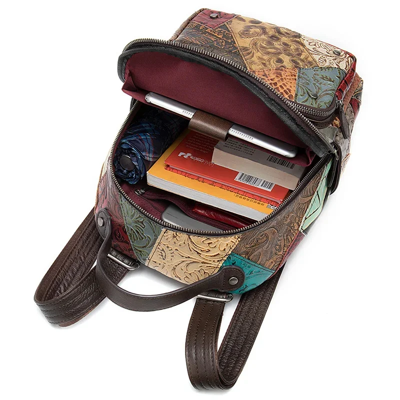 Colorful Patchwork Backpack For Women Genuine Leather Travel Girls Ladies Daypack National Style travel bag