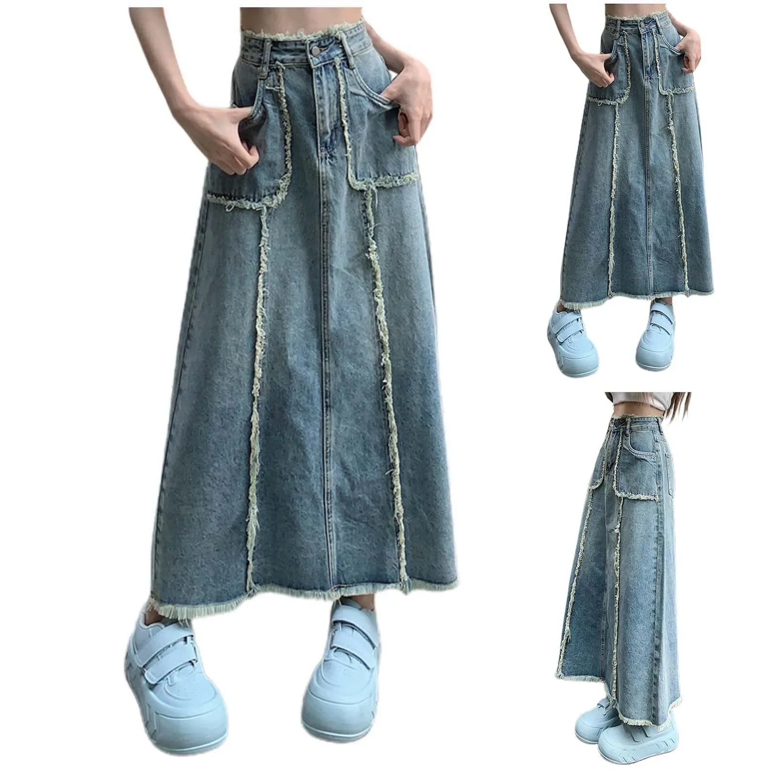 

Women Retro Denim Skirt Summer High Rise Mid Length Side Split Bodycon A Line Jean Skirt Anti Permeability Casual Versatile Wear