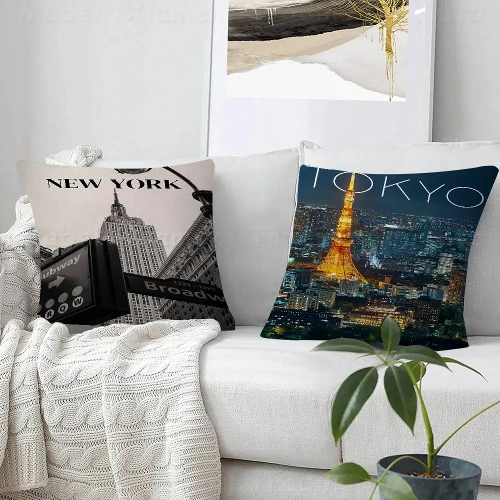 Famous Travel CitiesNew York_LA_Amsterdam_Lisbon_ Kissenbezug, Kissenbezug, Dekor-Kissenbezug, bedruckter Kissenbezug für Couch