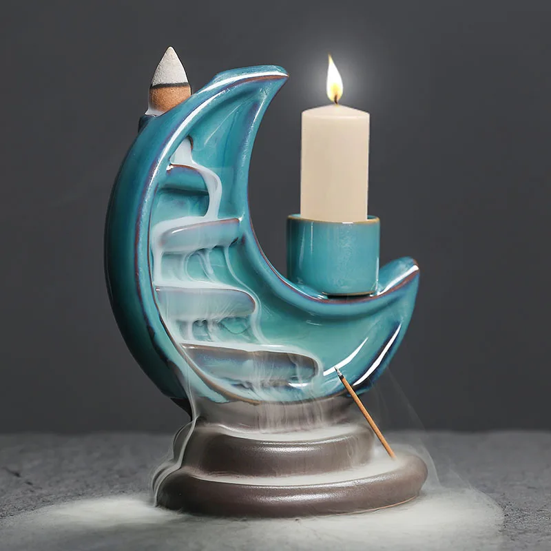 1pc 3 in1 Ceramic Moon Waterfall Incense Burner with Backflow Feature Candle Holder & Incense Stick Burner (Without Incense）