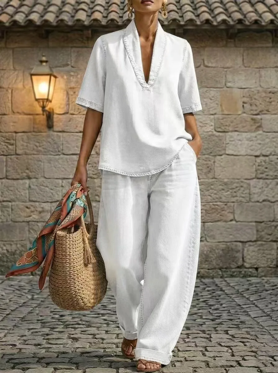New Women's Denim 2 Piece Outfit V-Neck Short Sleeve Loose Top Wide Leg Pants with Pockets Vintage Washed Casual Summer Chic
