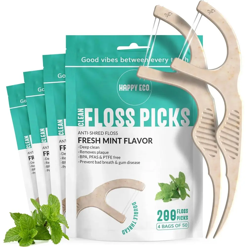 

Double Thread Toothpicks for Adults, Vegan Corn Starch, Mint Flavored, 200 Count, Shred-Resistant for Interdental Care