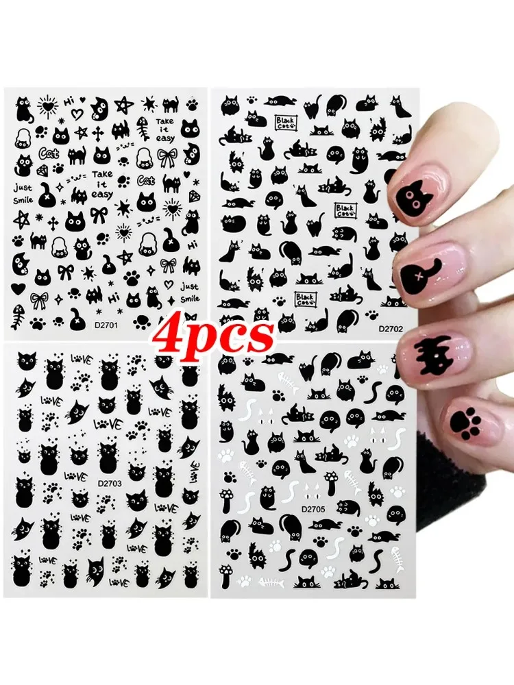 4 Stück/Set 3D Niedliche Cartoon Schwarze Katze Nagelaufkleber Lustige Katzenpfote/Fliege Selbstklebende Nagelkunst-Abziehbilder Maniküre-Zubehör DIY 8*1