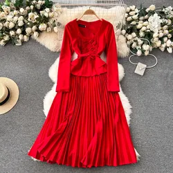 New 2024 Runway Elegant Spring Fake Two Piece Pleated Midi Dress Women O Neck Ruffles Long Sleeve Black Office Ladies Belt Dress