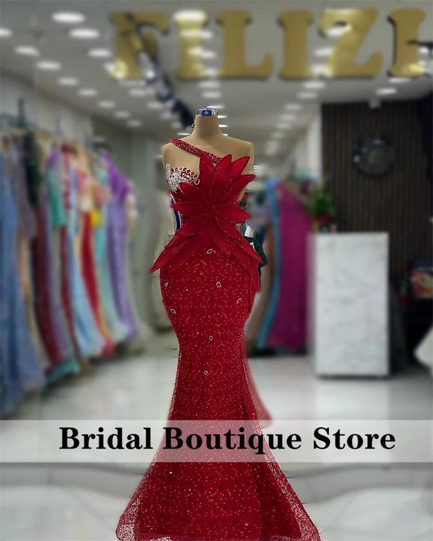 

Charming Red O-Neck Mermaid Elegant Evening Dresses Bead Diamonds Sequins Birthday Party Dress Luxury Vestidos Customized