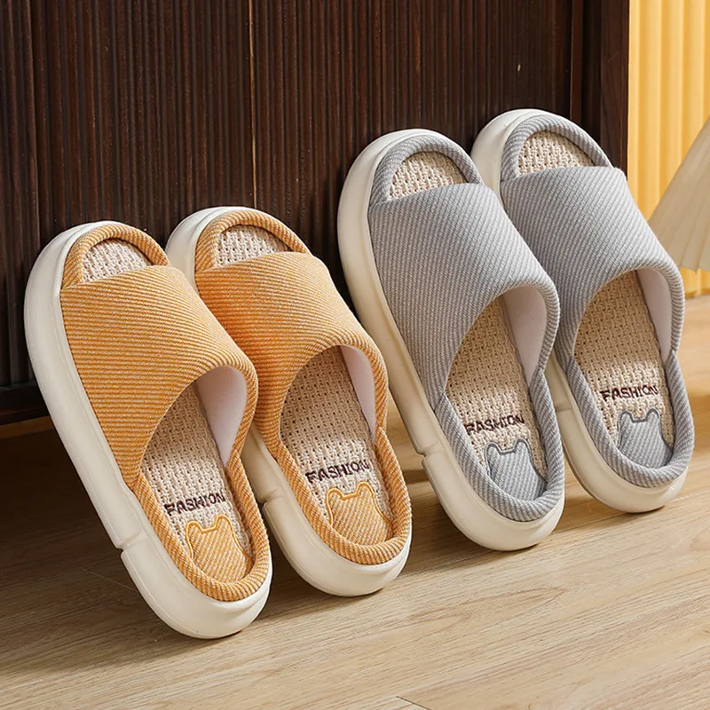 Summer New Linen Women\'s Slippers Breathable Flats Comfortable Indoor Men Home Shoes Soft Sole Anti-slip Couples Casual Slides