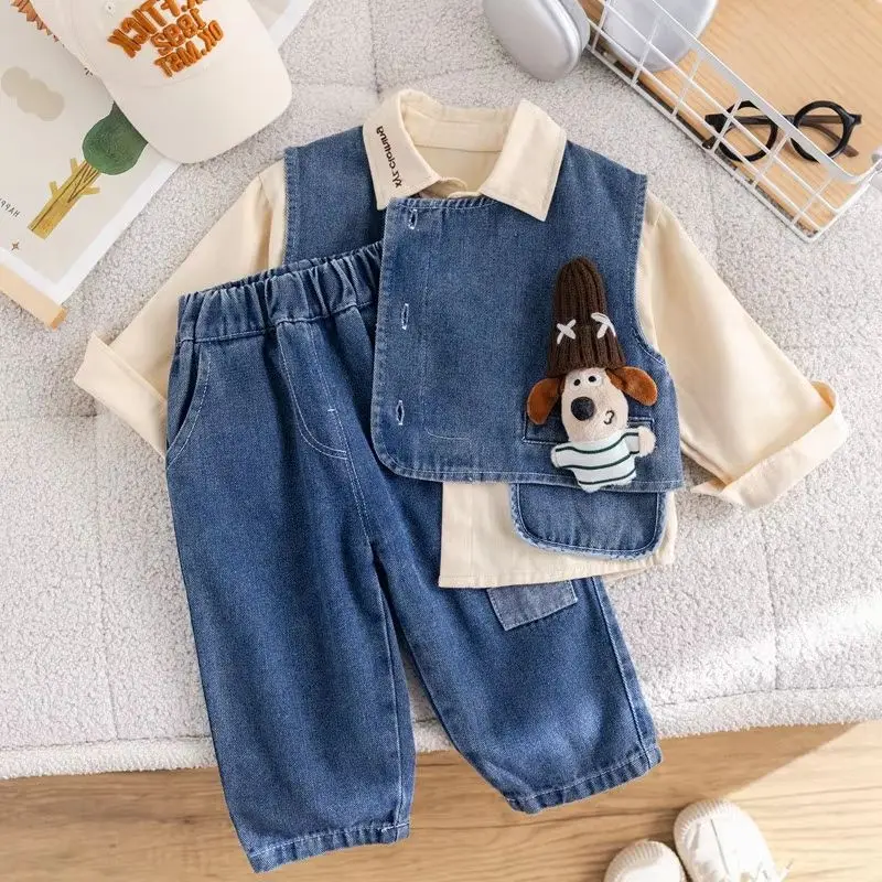 

Детский комплект для мальчиков: весенне-осенний, новая корейская коллекция, жилетка, рубашка и джинсы, 3 предмета, модный