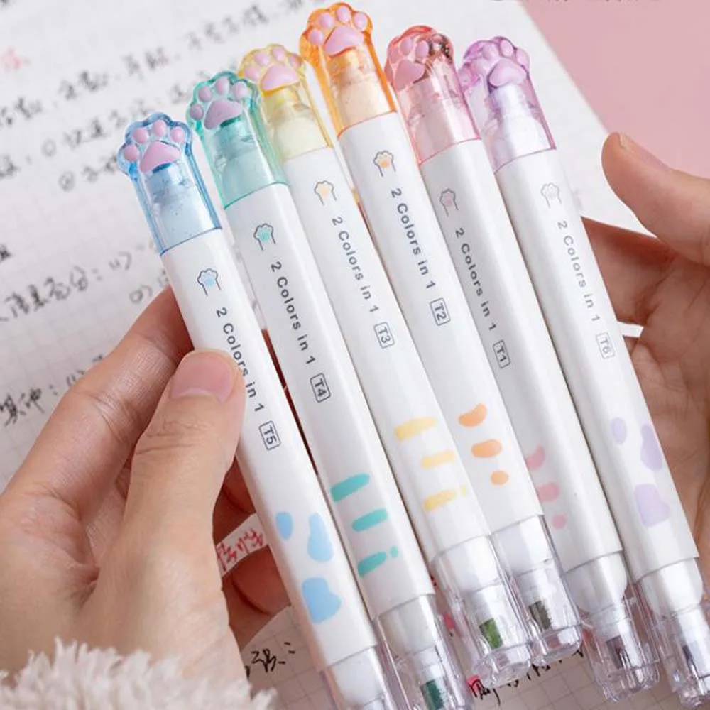 Creative Cat Claw 6 Double Head Highlighters Square Design Is Not Easy to Drop Student Stationery