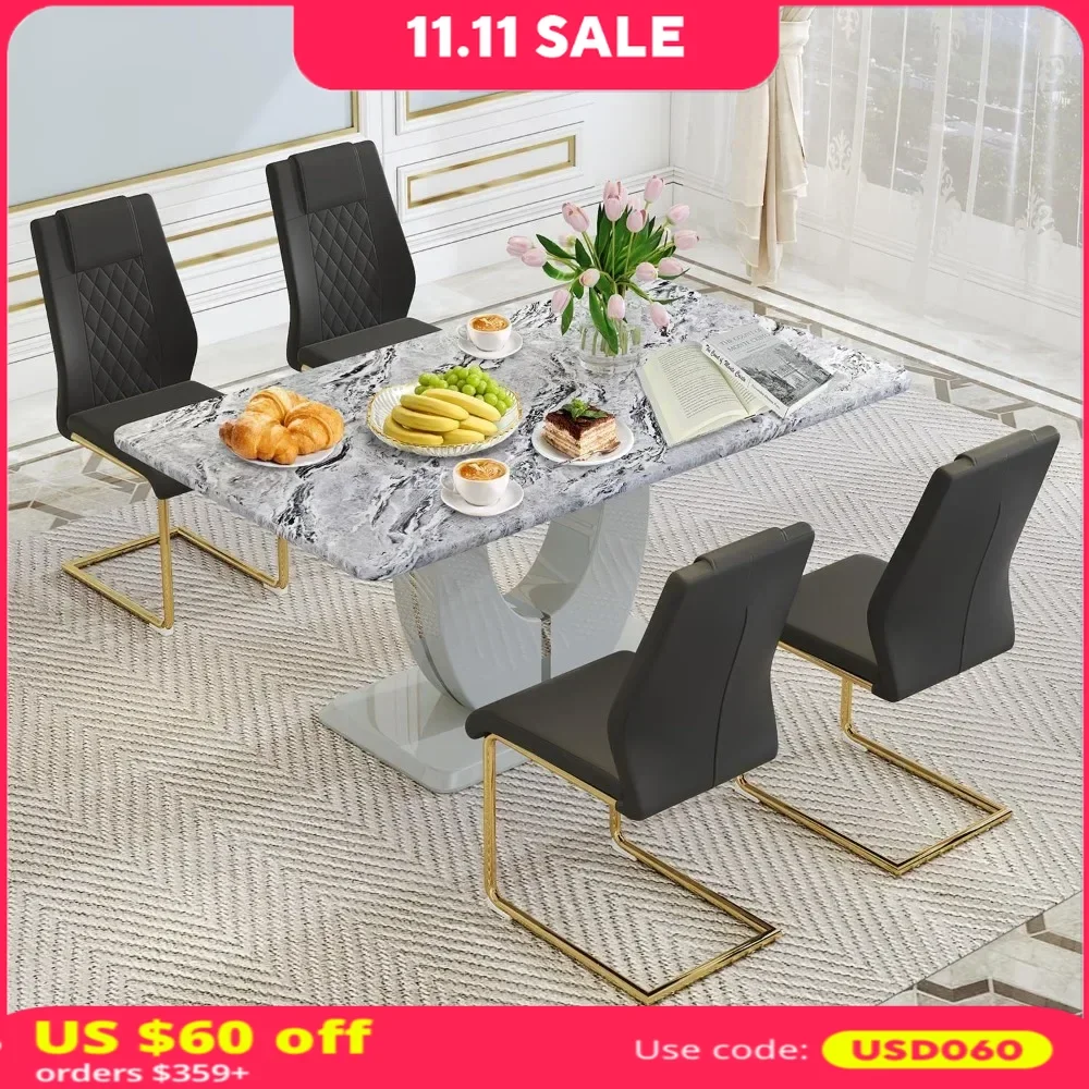 

63" 5-piece Dining Table Set, Rectangle Kitchen Table Chairs Set of 4 for Dining Kitchen Room, Faux Marble Dining Table Set