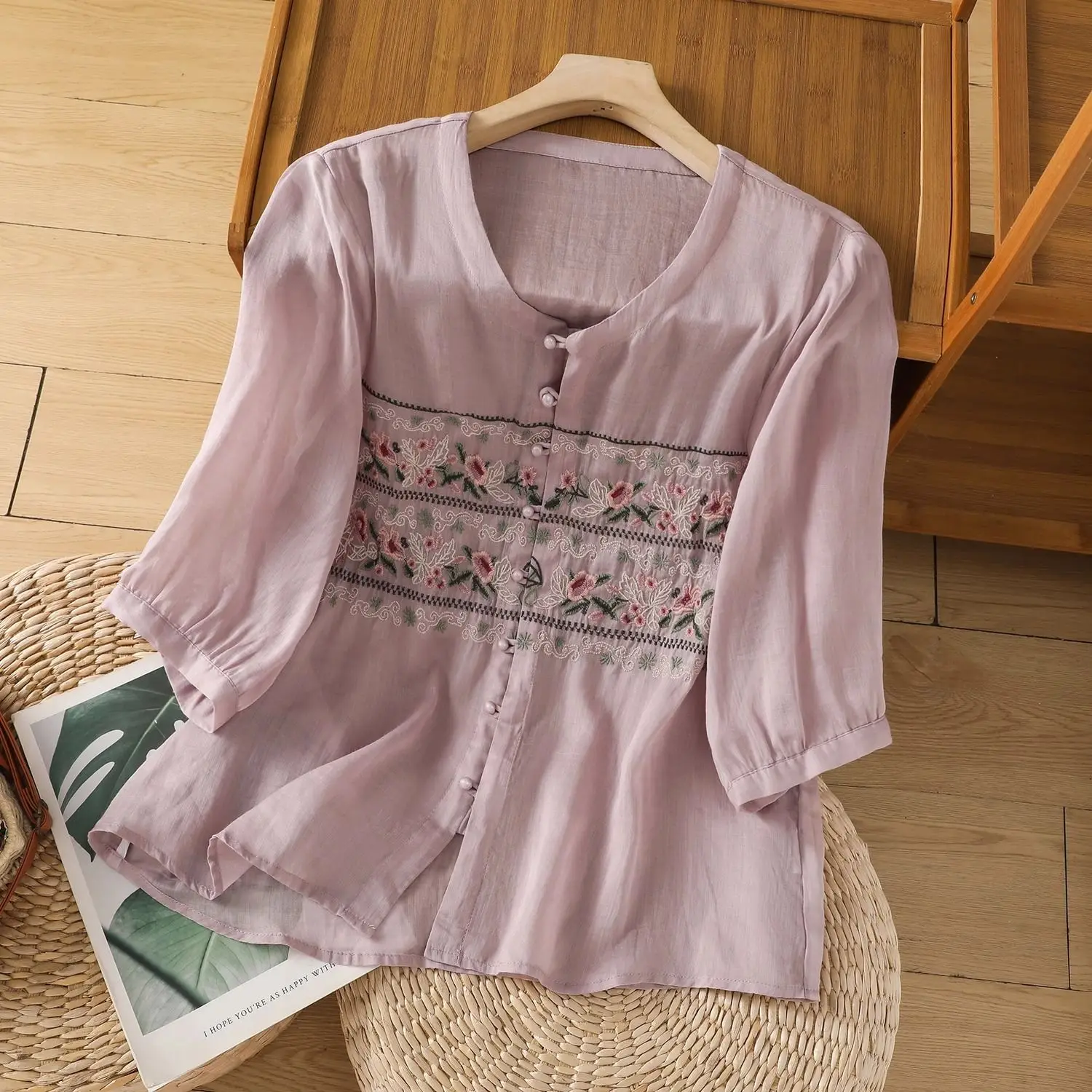 Retro Cotton and Linen Embroidered Seven Part Artistic Shirt Summer Versatile Loose Casual Top